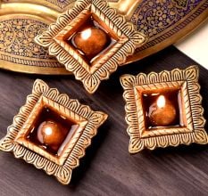 Brass Engraved Square Oil Lamp Diya Pack of 3